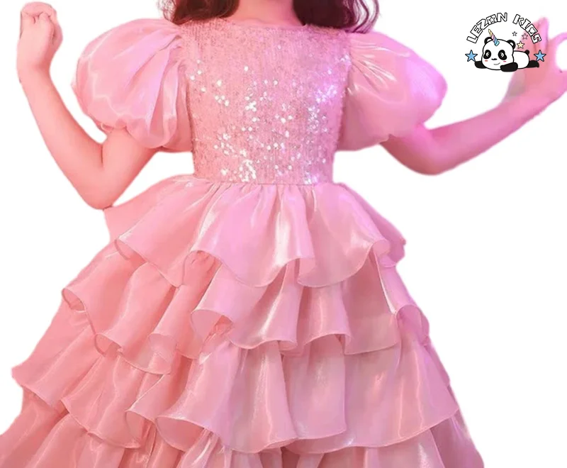 LEZONKIDS - 2023 New Girls Sequined Puff Sleeve Layers Lily Satin Tutu Dresses Cute Princess Dress for Girls